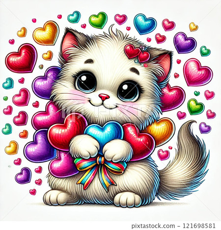 The kitten is holding many hearts 121698581