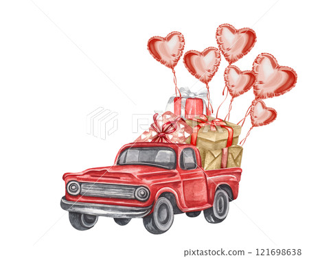Valentine red truck with gift box,balloons. Watercolor Valentine's Day car, love wedding car graphics. Loads of love postcard 121698638