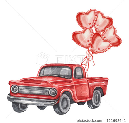 Valentine red truck with gift box,balloons. Watercolor Valentine's Day car, love wedding car graphics. Loads of love postcard 121698641