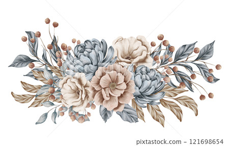 Trendy leaves, blush and rust rose wedding bouquet. Dried flower. Beige, gold, brown, rust, taupe. Watercolor hand drawn arrangements 121698654