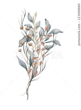 Trendy leaves, blush and rust rose wedding bouquet. Dried flower. Beige, gold, brown, rust, taupe. Watercolor hand drawn arrangements Trendy leaves, blush and rust rose wedding bouquet. Dried flower. Beige, gold, brown, rust, taupe. Watercolor hand drawn arrangements 121698660