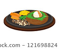 Illustration of a Japanese-style hamburger steak on a hot plate with grated daikon radish 121698824