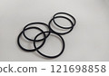 Subject shot of black scrunchies. rubber band. The vogue accessories are isolated on the white background. 121698858