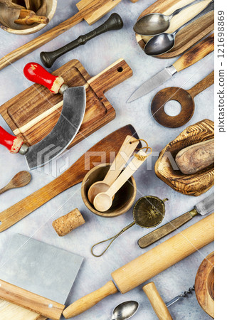 Kitchen utensils knolling style. Kitchen utensils knolling style. 121698869