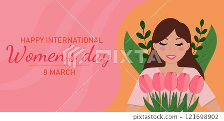 Poster, postcard with a girl with flowers for International Women's Day Poster, postcard with a girl with flowers for International Women's Day 121698902