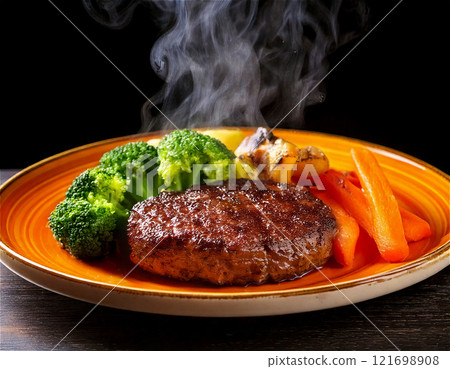 熱漢堡牛排佐西蘭花、馬鈴薯和胡蘿蔔 121698908