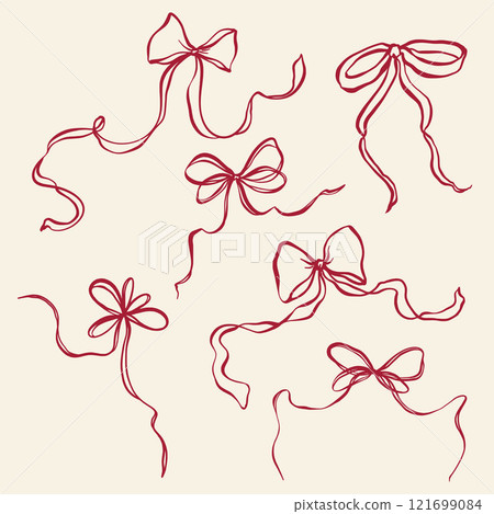 Vector red bows set. Hand-drawn gift bow isolated on beige background. Holiday illustration for design, print, fabric or background. 121699084