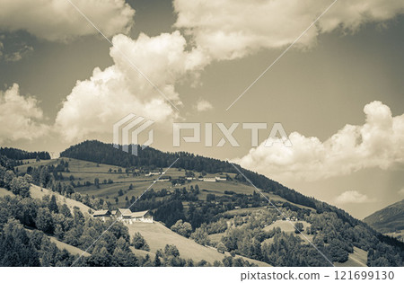 Wonderful wooded mountain alpine panorama with village and huts Austria. 121699130
