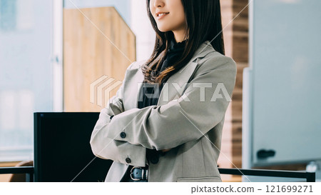 一位女商人雙手交叉微笑 一位女商人雙手交叉微笑 121699271