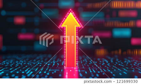 Illuminated 3D arrow pointing upward with futuristic digital design representing success and innovation. 121699330