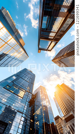 City skyline with a sun shining on the buildings City skyline with a sun shining on the buildings 121699341