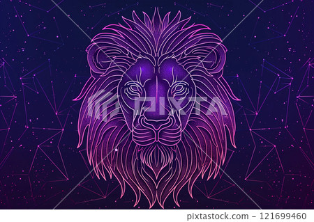 Astrological abstract composition with concept of Leo zodiac sign symbol, abstract vivid composition consists of fictional unreal fantastic vision on background 121699460