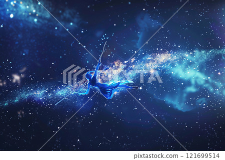 Astrological composition with concept of Sagittarius zodiac sign symbol, abstract vivid composition consists of fictional unreal fantastic vision on background 121699514