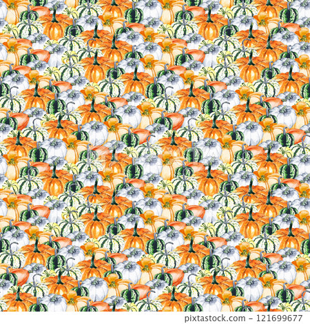 Pumpkins. Watercolor drawing of bright pumpkins. Seamless paved pattern with vegetables for your design Pumpkins. Watercolor drawing of bright pumpkins. Seamless paved pattern with vegetables for your design 121699677