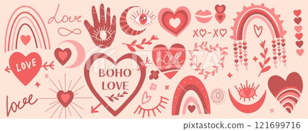 Valentine's day set in retro boho style. Bohemian romantic happy Valentine day. Boho rainbow, heart and flowers. Vector Valentine's day set in retro boho style. Bohemian romantic happy Valentine day. Boho rainbow, heart and flowers. Vector 121699716