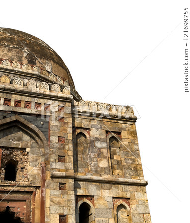 Ancient Indian building. Intricate Mughal-style stone architecture with arched design, decorative Ancient Indian building. Intricate Mughal-style stone architecture with arched design, decorative 121699755