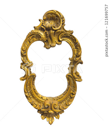 Vintage picture frame. Classic baroque design in gold and brown with an ornate, irregular oval shape Vintage picture frame. Classic baroque design in gold and brown with an ornate, irregular oval shape 121699757