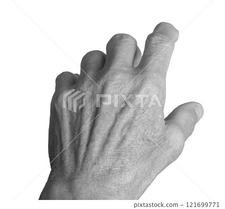 Pointing and reaching gesture. Senior Caucasian woman s wrinkled left hand with fingers extended, 121699771