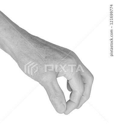 Pinch gesture. Senior woman s wrinkled hand with thumb and index finger pinched together, holding or 121699774