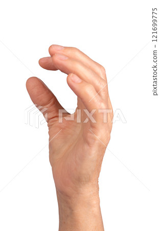 Pinch gesture. Senior woman s wrinkled hand with thumb and index finger close together, holding or 121699775