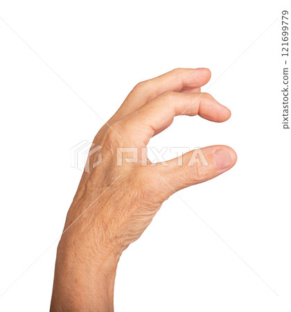 Pinch gesture. Senior Caucasian woman s wrinkled hand with thumb and index finger close together, Pinch gesture. Senior Caucasian woman s wrinkled hand with thumb and index finger close together, 121699779