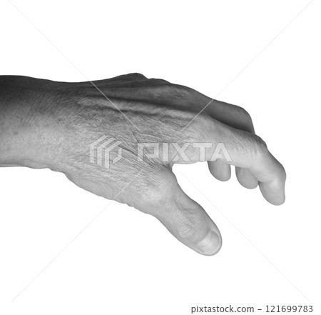 Outstretched hand gesture. Senior woman s wrinkled left hand with fingers extended, veins and 121699783