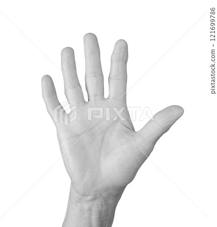 Open palm gesture. Senior woman s wrinkled hand with fingers spread wide, symbolizing greeting, Open palm gesture. Senior woman s wrinkled hand with fingers spread wide, symbolizing greeting, 121699786