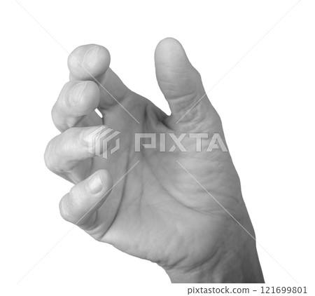 Hand holding gesture. Senior woman s wrinkled hand with fingers slightly curled and palm open, as if Hand holding gesture. Senior woman s wrinkled hand with fingers slightly curled and palm open, as if 121699801