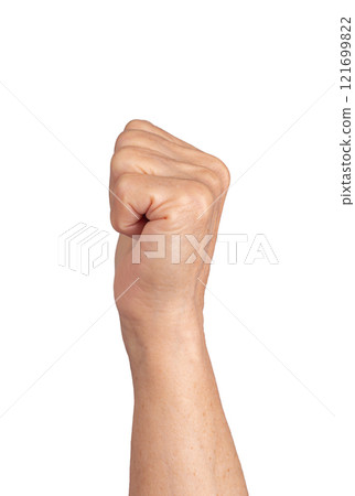 Clenched fist gesture. Senior woman s wrinkled hand in a strong, closed position, symbolizing power, Clenched fist gesture. Senior woman s wrinkled hand in a strong, closed position, symbolizing power, 121699822