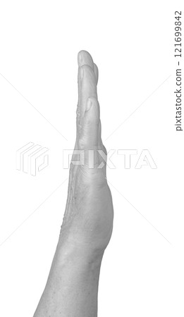 Salute hand gesture. Senior woman s wrinkled hand held upright in a straight, vertical pose with 121699842