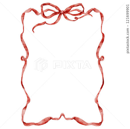 Watercolor red bows frame. Hand-drawn gift bow isolated on white background. Holiday illustration for design, print, fabric or background. 121699901