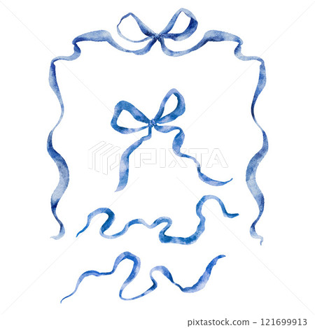 Watercolor blue bows set. Hand-drawn gift bow isolated on white background. Holiday illustration for design, print, fabric or background. Watercolor blue bows set. Hand-drawn gift bow isolated on white background. Holiday illustration for design, print, fabric or background. 121699913