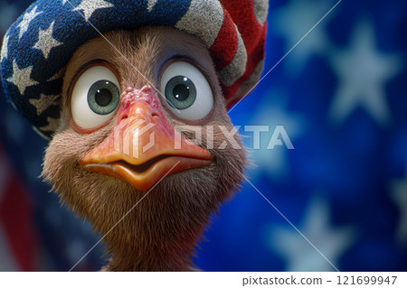 Mascot turkey in american hat with stars and stripes 121699947