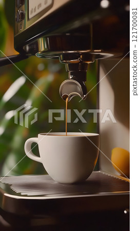 Espresso Pouring into White Cup Close-Up 121700081