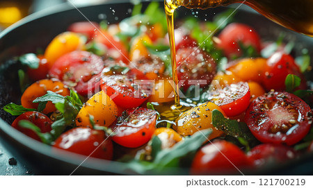 Fresh cherry tomato and green salad being drizzled with golden olive oil, creating a vibrant and healthy food presentation 121700219