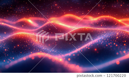 A vibrant and glowing digital landscape featuring flowing waves and sparkling lights in a futuristic design concept 121700220