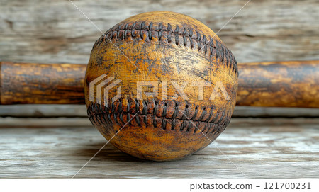 Close-up of a worn-out baseball showcasing their vintage texture and rustic appeal on a weathered wooden background 121700231