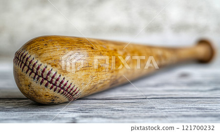 Close-up of a worn-out wooden bat, showcasing their vintage texture and rustic appeal on a weathered wooden background 121700232