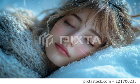 Close-up of a serene woman sleeping on a snowy surface, surrounded by frost and soft light 121700233