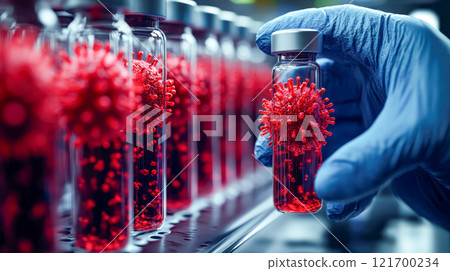 A glass vial containing bright red virus-like structures, held by a gloved hand against a blurred background of red viral particles 121700234