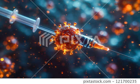 A detailed syringe piercing a virus model, illustrating innovative medical research against viral infections in a scientific atmosphere 121700235