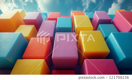 Vibrant colorful cubes floating in a dynamic, abstract space with a warm and cool contrast, creating a surreal effect 121700236