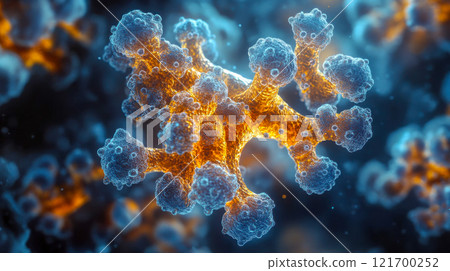 Magnified structure of a bacteria colony, highlighting intricate textures and glowing orange and blue patterns in a scientific visualization Magnified structure of a bacteria colony, highlighting intricate textures and glowing orange and blue patterns in a scientific visualization 121700252