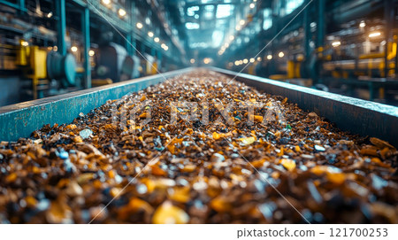 Close-up of colorful fragments being processed on an industrial conveyor in a recycling plant 121700253