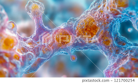 Microscopic view of a cellular structure with orange glowing cells, depicting intricate details of biological processes Microscopic view of a cellular structure with orange glowing cells, depicting intricate details of biological processes 121700254
