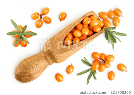 Sea buckthorn in wooden scoop. Fresh ripe berry with leaves isolated on white background. Top view. Flat lay Sea buckthorn in wooden scoop. Fresh ripe berry with leaves isolated on white background. Top view. Flat lay 121700290