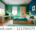 Interior of a cozy bedroom in green and blue colors. Minimalistic modern design 121700375