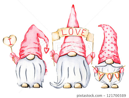 St. Valentine's day watercolor gnomes clipart isolated on white background. Holiday gnomes illustration. Watercolor dwarf. Cute character. Funny clipart. 121700389
