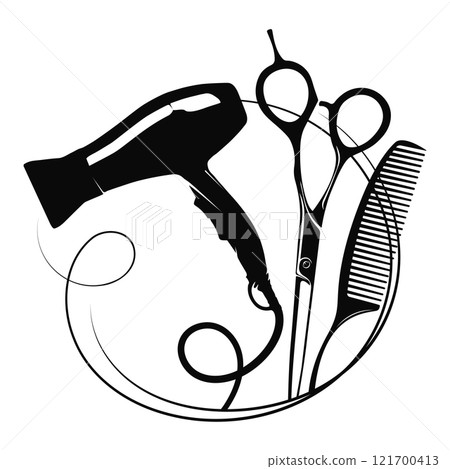 Scissors, hair dryer and comb with a lock of hair Scissors, hair dryer and comb with a lock of hair 121700413
