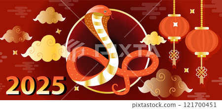 Happy chinese new year 2025 the snake zodiac sign with flower,lantern,asian elements snake logo red and gold style. Vector illustration 121700451
